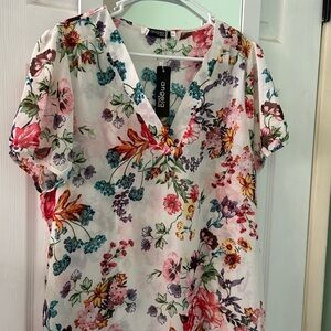 ONE WORLD Floral V-Neck Blouse - Red, Pink, Blue